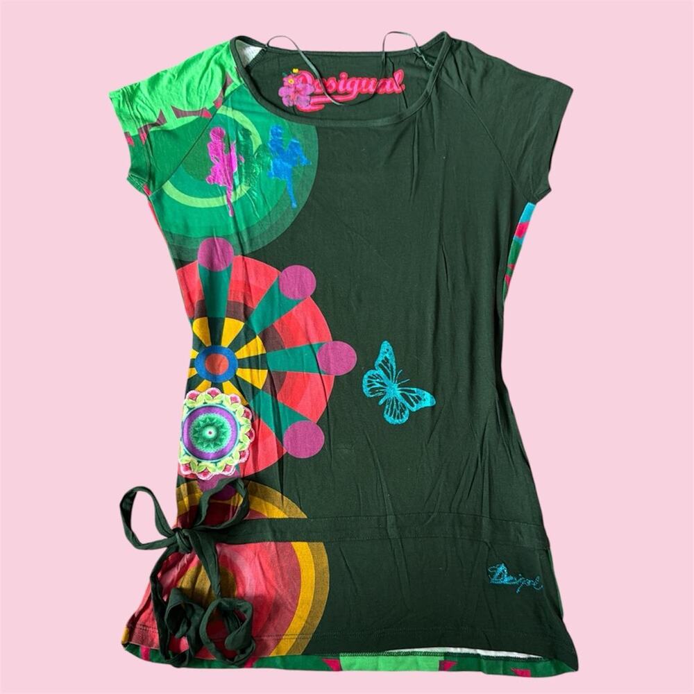 Y2K Desigual whimsical fairycore top with tie detail and abstract butterfly